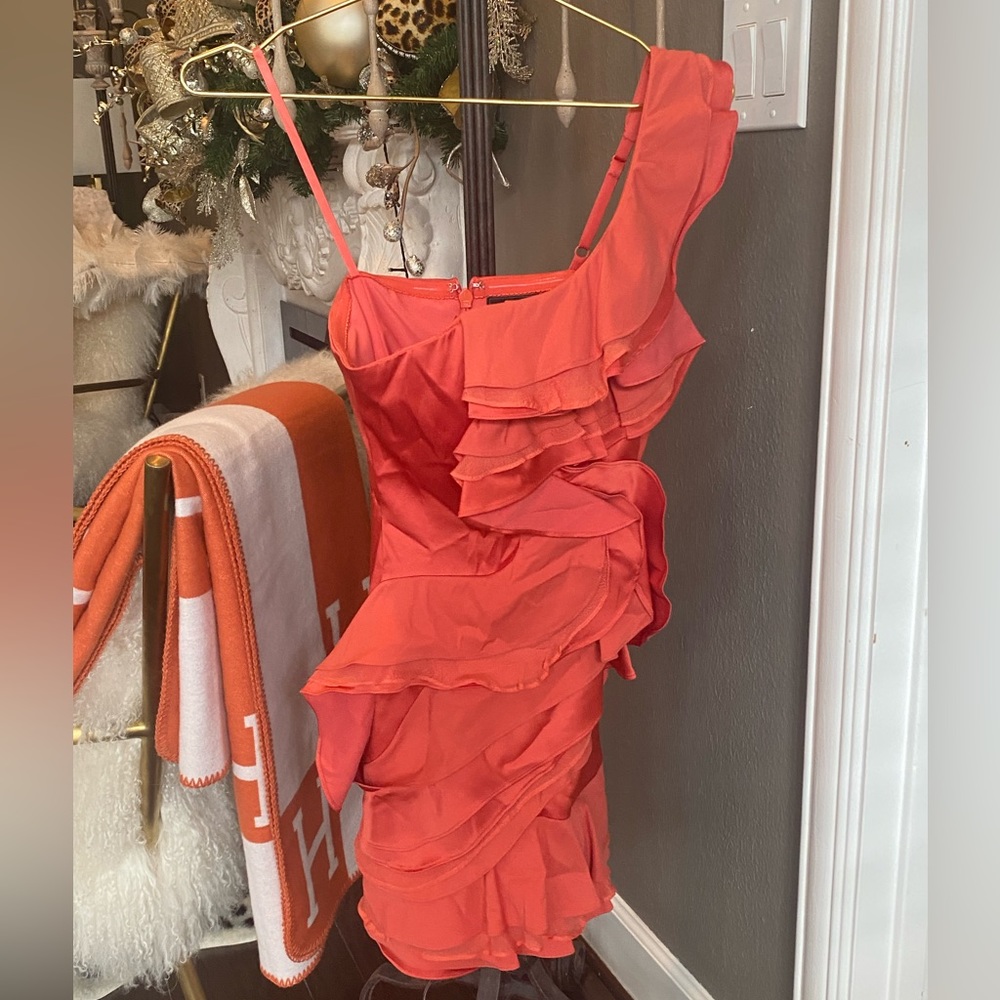 Coral One-Shoulder Ruffle Dress